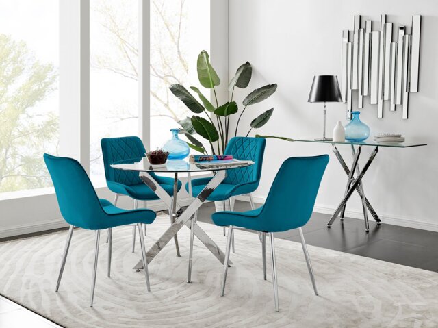 Novara 100cm Round Dining Table and 4 Pesaro Silver Leg Chairs - image 1