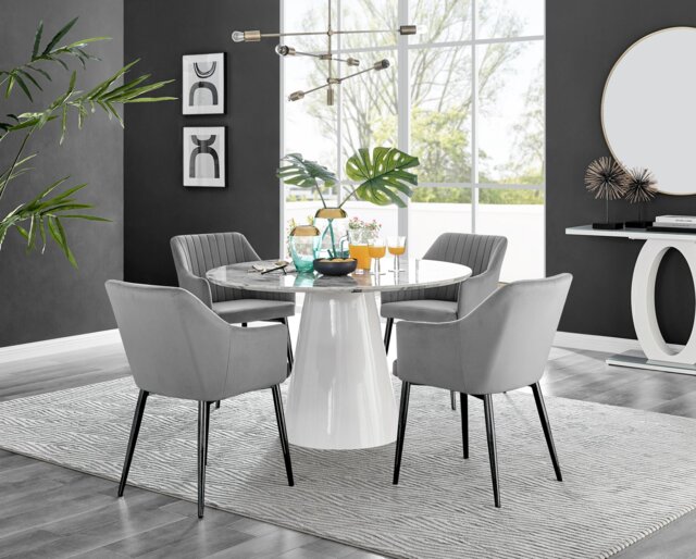 Palma White Marble Effect Round Dining Table & 4 Calla Black Leg Chairs - image 1