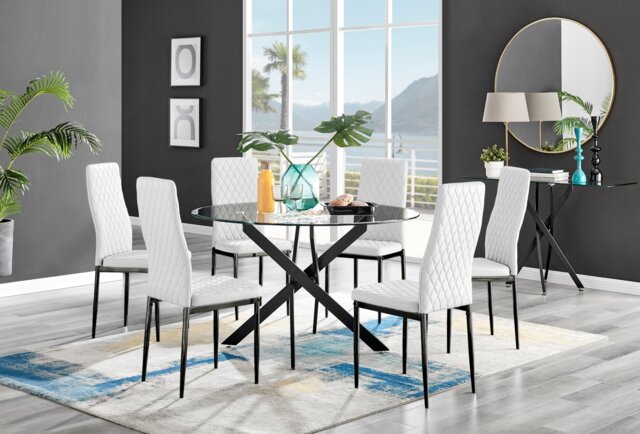 Novara Black Leg 120cm Round Glass Dining Table & 6 Milan Black Leg Chairs - image 1