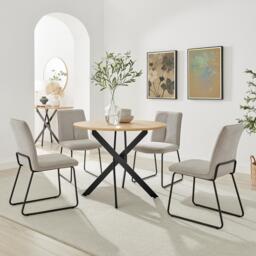 Novara Oak Effect Dining Table & 4 Halle Taupe Fabric Chairs