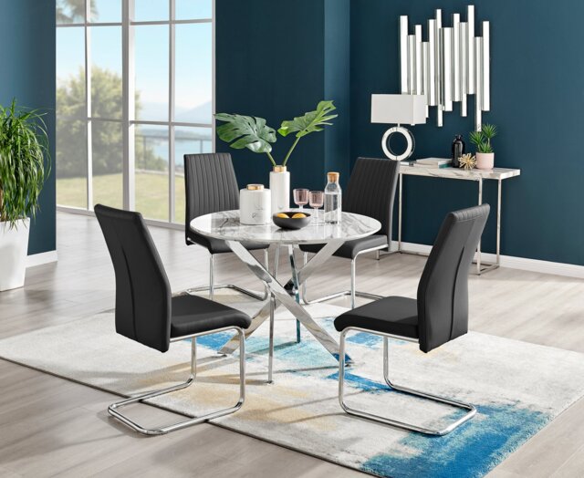 Novara White Marble Round Dining Table & 4 Lorenzo Chairs