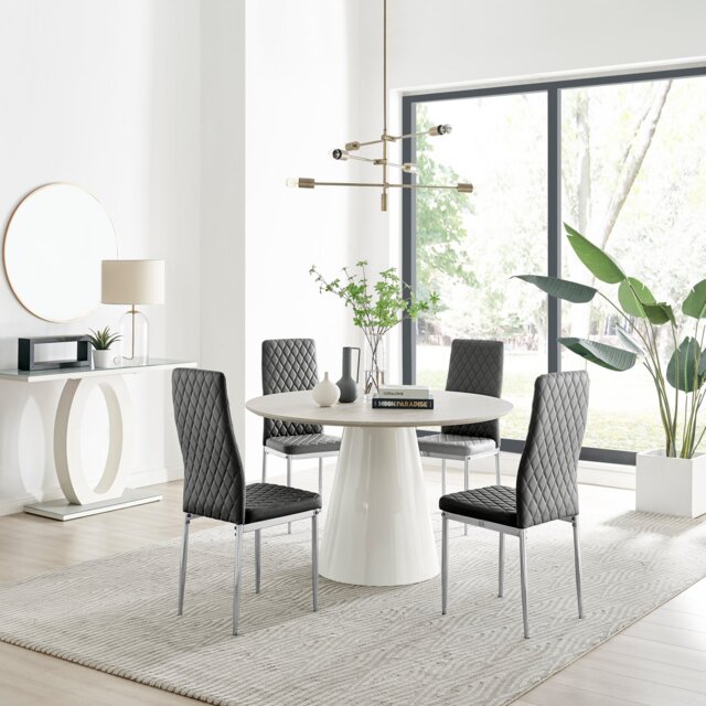 Palma Beige Stone Effect Round Dining Table & 4 Milan Chrome Leg Chairs - image 1