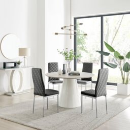 Palma Beige Stone Effect Round Dining Table & 4 Milan Chrome Leg Chairs - thumbnail 1