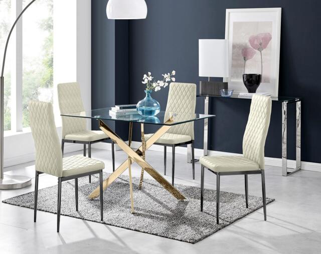 Leonardo 4 Gold Dining Table and 4 Velvet Milan Black Leg Chairs - image 1