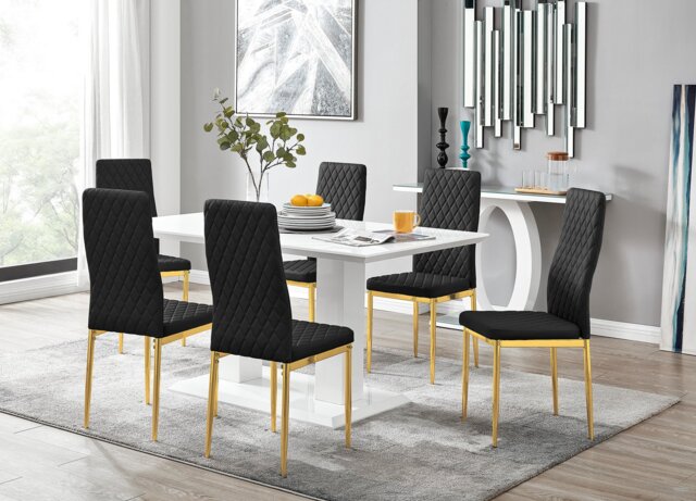 Imperia 6 White Dining Table and 6 Gold Leg Milan Chairs - image 1