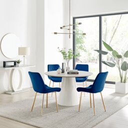 Palma Beige Stone Effect Round Dining Table & 4 Pesaro Gold Leg Chairs - thumbnail 1