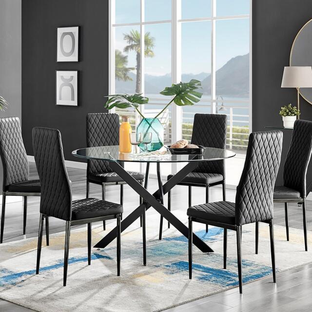 Novara Black Leg 120cm Round Glass Dining Table & 6 Milan Black Leg Chairs - image 1