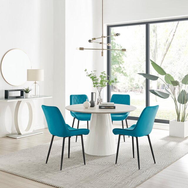Palma Beige Stone Effect Round Dining Table & 4 Pesaro Black Leg Chairs - image 1