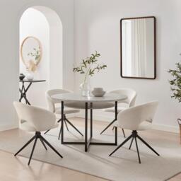 Furniturebox Adley Round Grey Concrete Effect Dining Table 4 Anika Swivel Chairs in Cream - Size: 62x78.5x58.5 cm
