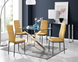Leonardo 4 Gold Dining Table and 4 Velvet Milan Black Leg Chairs