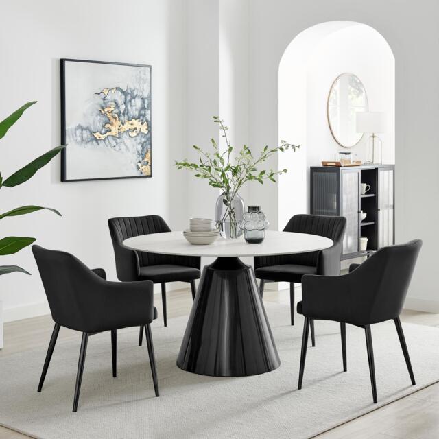 Nina White Marble Ceramic Top Round Dining Table and 4 Black Calla Chairs - image 1