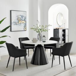 Nina White Marble Ceramic Top Round Dining Table and 4 Black Calla Chairs - thumbnail 1