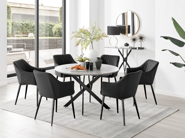 Novara Grey Concrete Effect Black Leg 120cm Round Dining Table & 6 Calla Black Leg Chairs - image 1