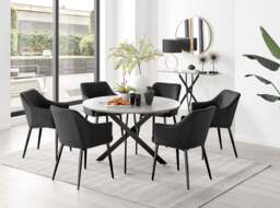 Furniturebox Novara Grey Concrete Effect Leg Round Dining Table & 6 Calla Leg Chairs, Velvet/Metal/Engineered Wood in Black - Size: 56x84x61 cm