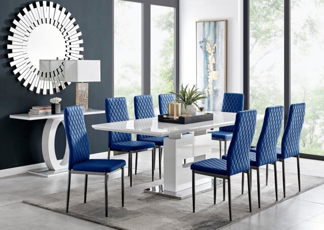 Arezzo Large Extending Dining Table and 8 Velvet Milan Black Leg Chairs - image 1