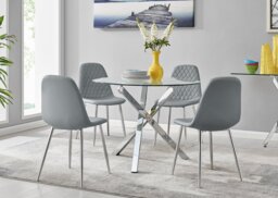 Selina Chrome Round Square Leg Glass Dining Table And 4 Corona Silver Chairs Set