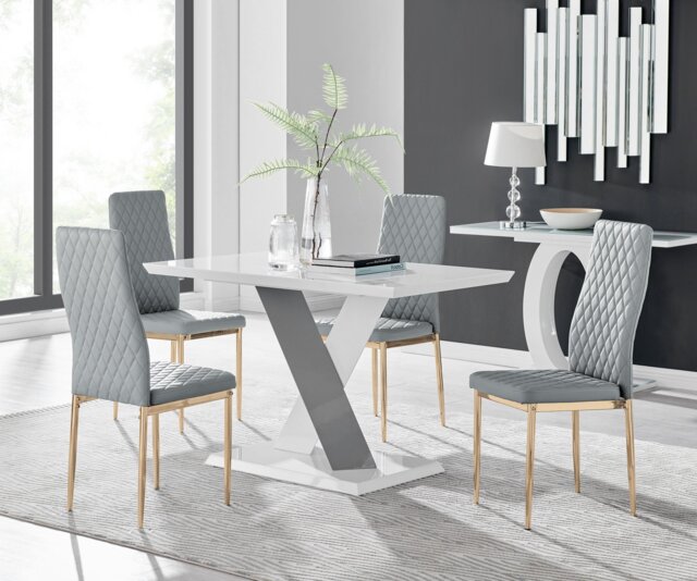 Monza 4 White/Grey Dining Table & 4 Gold Leg Milan Chairs - image 1