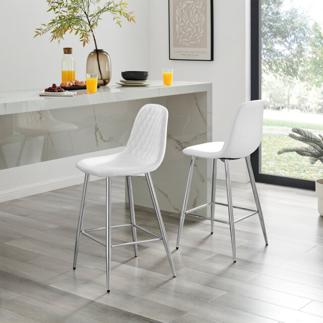2x Corona White Faux Leather Counter Stools Silver Legs - image 1