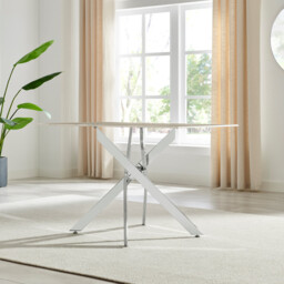 Leonardo Rectangular White Marble Glass and Silver Metal 4 Seater Dining Table - thumbnail 3
