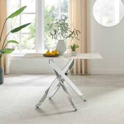 Leonardo Rectangular White Marble Glass and Silver Metal 4 Seater Dining Table - thumbnail 1