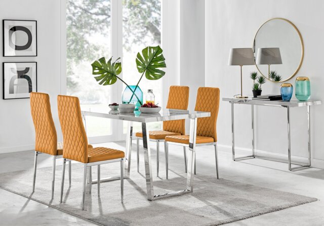 Kylo White Marble Effect Dining Table & 4 Milan Chrome Leg Chairs - image 1