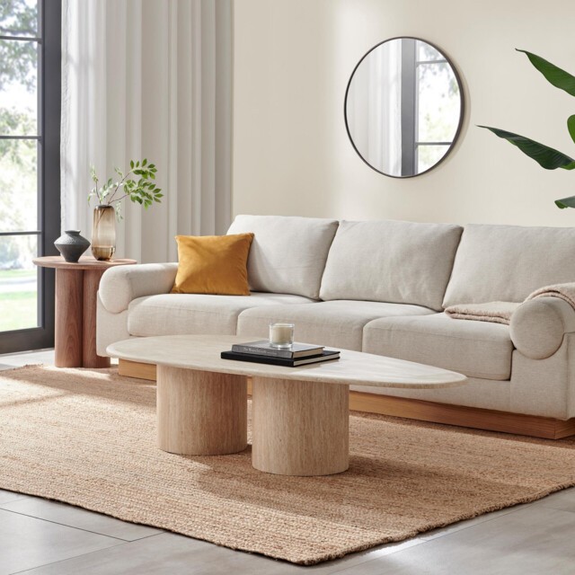 Sutton Beige Travertine Stone Veneer Oval Coffee Table - image 1