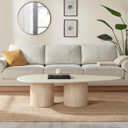 Sutton Beige Travertine Stone Veneer Oval Coffee Table - thumbnail 2