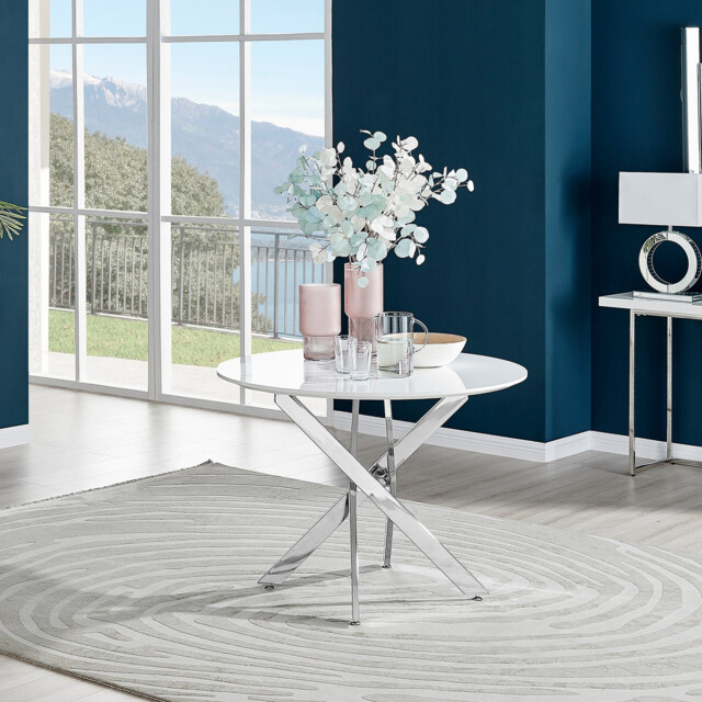 Novara Round White High Gloss and Silver Metal 4 Seater Dining Table - image 1