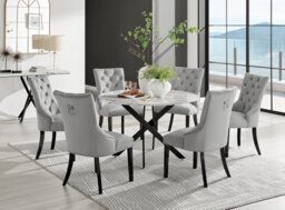 Novara White Marble Black Leg 120cm Round Dining Table & 6 Belgravia Black Leg Chairs - thumbnail 1