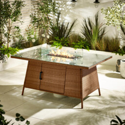 Marbella Beige Rattan 6 Seat Garden Dining Table with Firepit - thumbnail 1