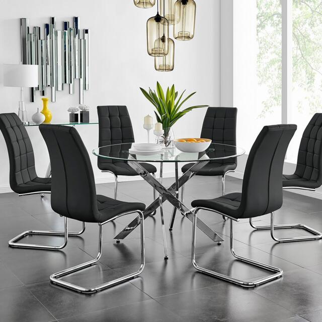 Novara Chrome Metal And Glass Large 120cm Round Dining Table And 6 Murano Chairs Set - image 1