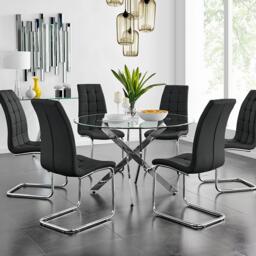 Novara Chrome Metal And Glass Large 120cm Round Dining Table And 6 Murano Chairs Set - thumbnail 1