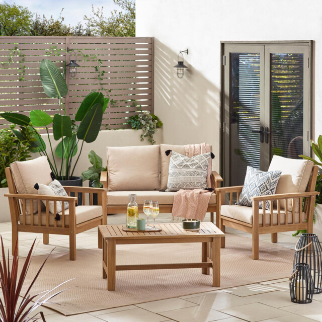 Vitur Wood & Cream 4 Seat Garden Sofa & Chairs Set - image 1