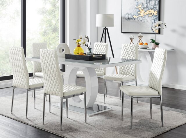 Giovani Grey White Modern High Gloss And Glass Dining Table And 6 Milan Chairs Set - image 1