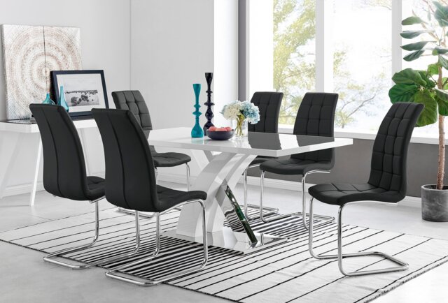 Atlanta Modern Rectangle Chrome Metal High Gloss White Dining Table And 6 Murano Chairs Set - image 1