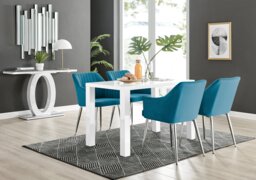Pivero White High Gloss Dining Table & 4 Calla Silver Leg Velvet Chairs