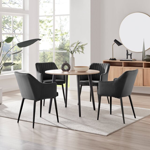 Koko Oak Effect Round Dining Table & 4 Calla Black Leg Chairs - image 1