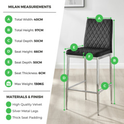 2x Milan Grey Velvet Counter Stools Silver Legs - thumbnail 3