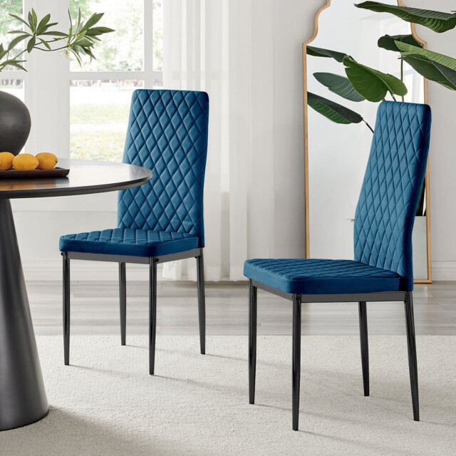 4x Milan Navy Hatched Velvet Dining Chairs Black Legs - image 1