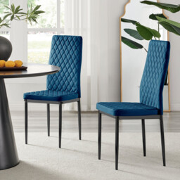 4x Milan Navy Hatched Velvet Dining Chairs Black Legs - thumbnail 1