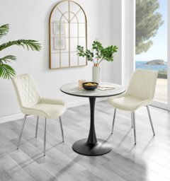 Elina White Marble Effect Round Dining Table & 2 Pesaro Silver Chairs