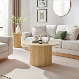 Penrose Oak Effect Round Wood Coffee Table and Side Table Set - thumbnail 2