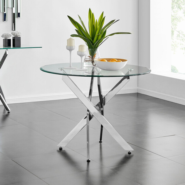 Novara Round Glass and Silver Metal 4 Seater Dining Table - image 1
