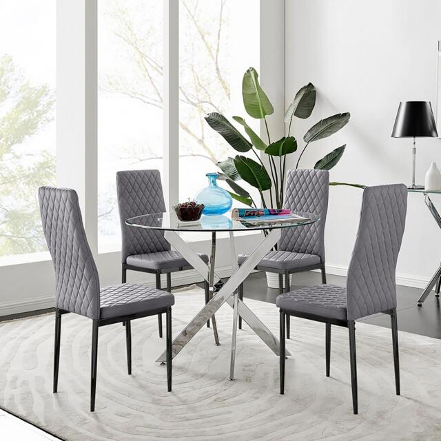 Novara 100cm Round Dining Table and 4 Velvet Milan Black Leg Chairs - image 1