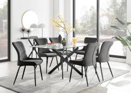 Furniturebox Leonardo Black Leg Glass Dining Table & 6 Dark Nora Black Leg Chairs, Tempered Glass/Metal/Glass in Grey - Size: 48x88x59 cm