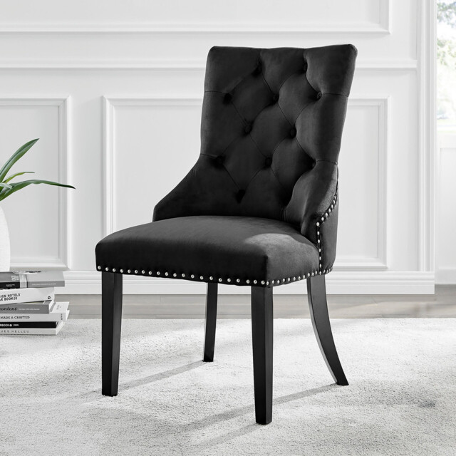 2x Belgravia Black Velvet Knockerback Dining Chairs Black Legs - image 1
