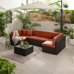 Orlando Brown Rattan & Orange 6 Seat Modular Garden Sofa - thumbnail 2