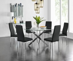 Novara Chrome Metal And Glass Large 120cm Round Dining Table And 6 Milan Chairs Set - thumbnail 1
