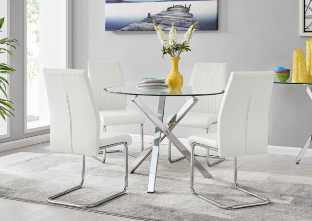 Selina Chrome Round Square Leg Glass Dining Table And Lorenzo