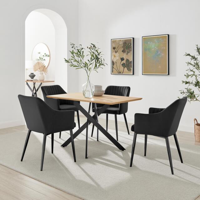 Leonardo Oak Effect Dining Table & 4 Calla Black Velvet Chairs - image 1